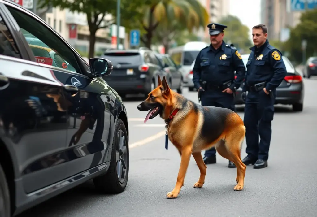 Police K9 examining a vehicle during a drug bust in Cumberland, MD