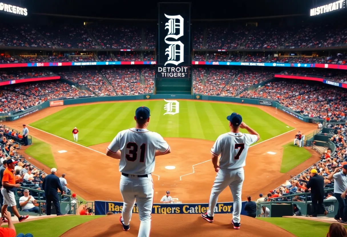 Baseball pitchers warming up at the Detroit Tigers stadium