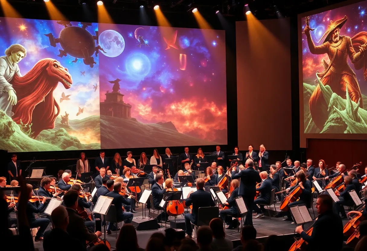 Orchestra performing at the Distant Worlds concert with vibrant fantasy visuals