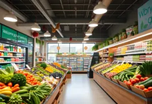 Interior view of Eddie's Grocery Store with fresh produce and shelves stocked with goods