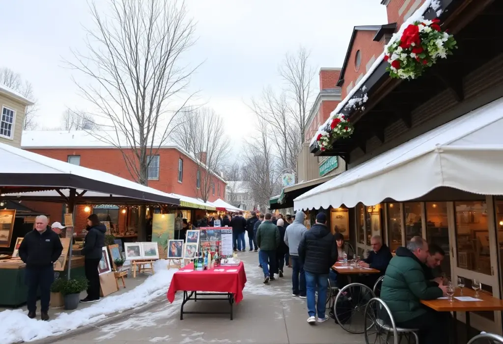 A bustling winter event scene in Ellicott City, featuring local markets and art displays.