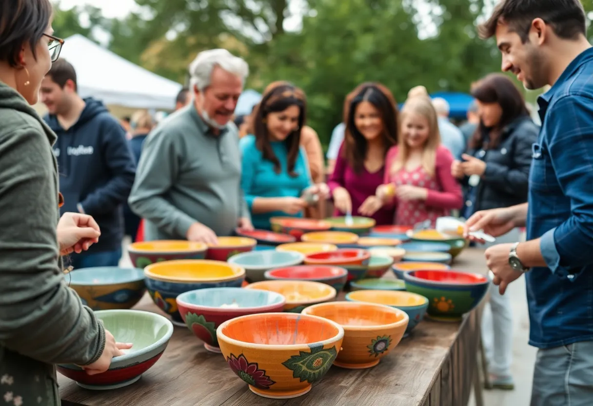Community members enjoying the Empty Bowls event with handcrafted bowls and food tastings.