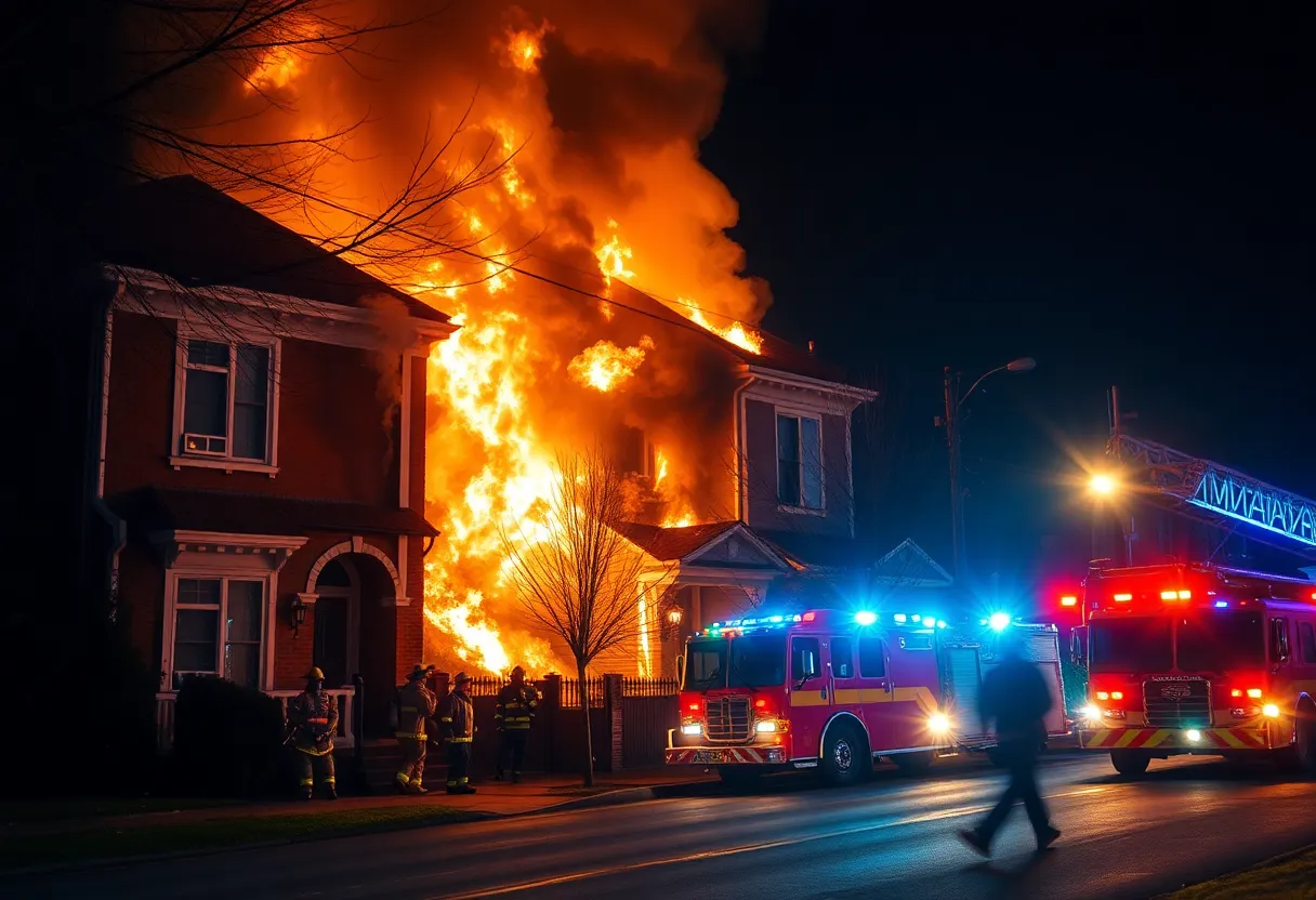 Firefighters battling flames at a townhouse in Essex, Maryland.