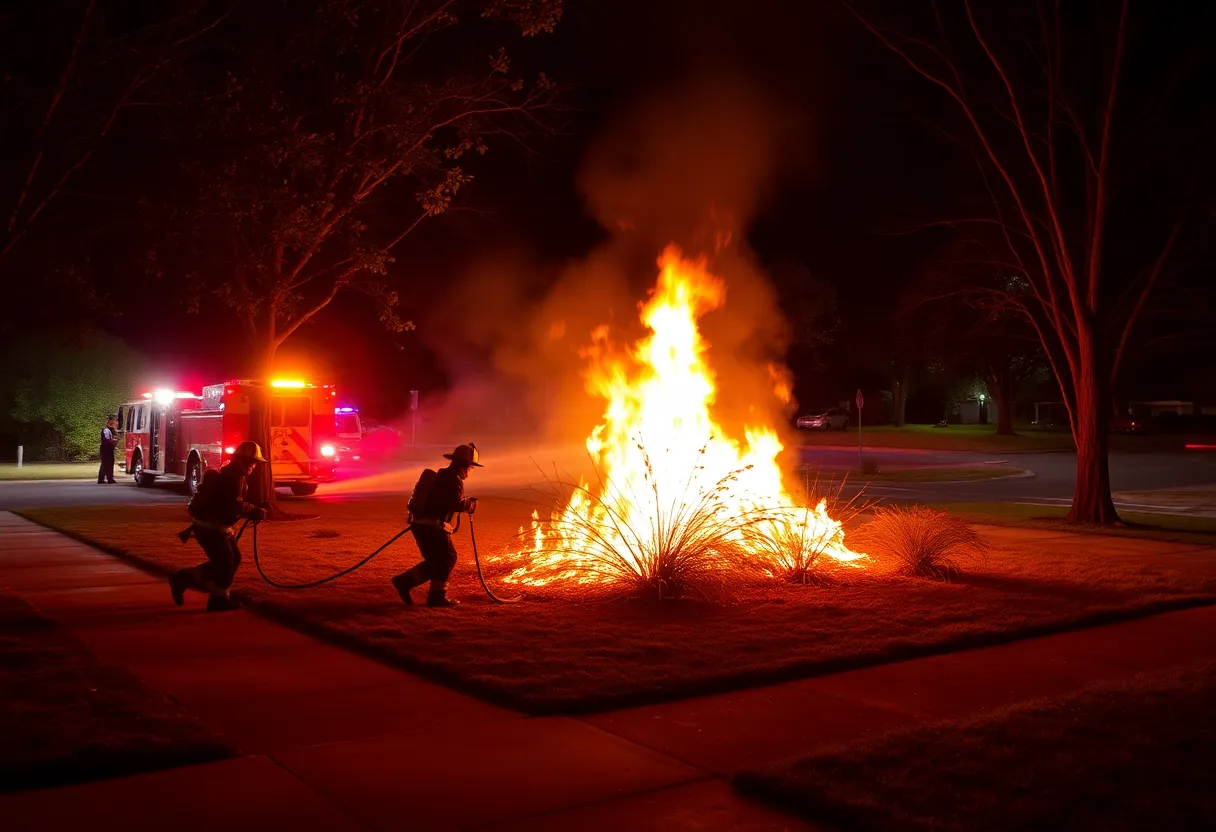 Firefighters extinguishing a brush fire at night in Fallston, MD