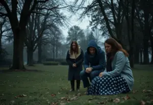 Family grieving in a park environment after a loss
