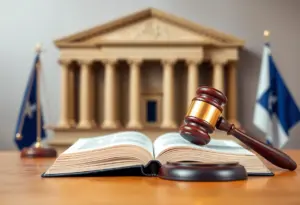Illustration of a federal courtroom scene with law books and a gavel.