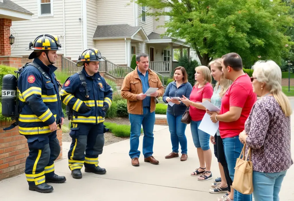 Firefighters conducting fire safety walks in a neighborhood.