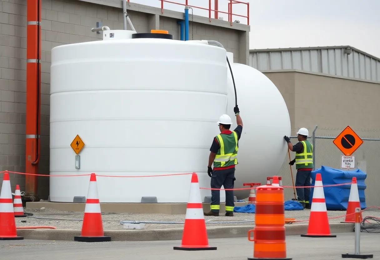 Construction workers installing a 30,000-gallon fire suppression tank in Baltimore.
