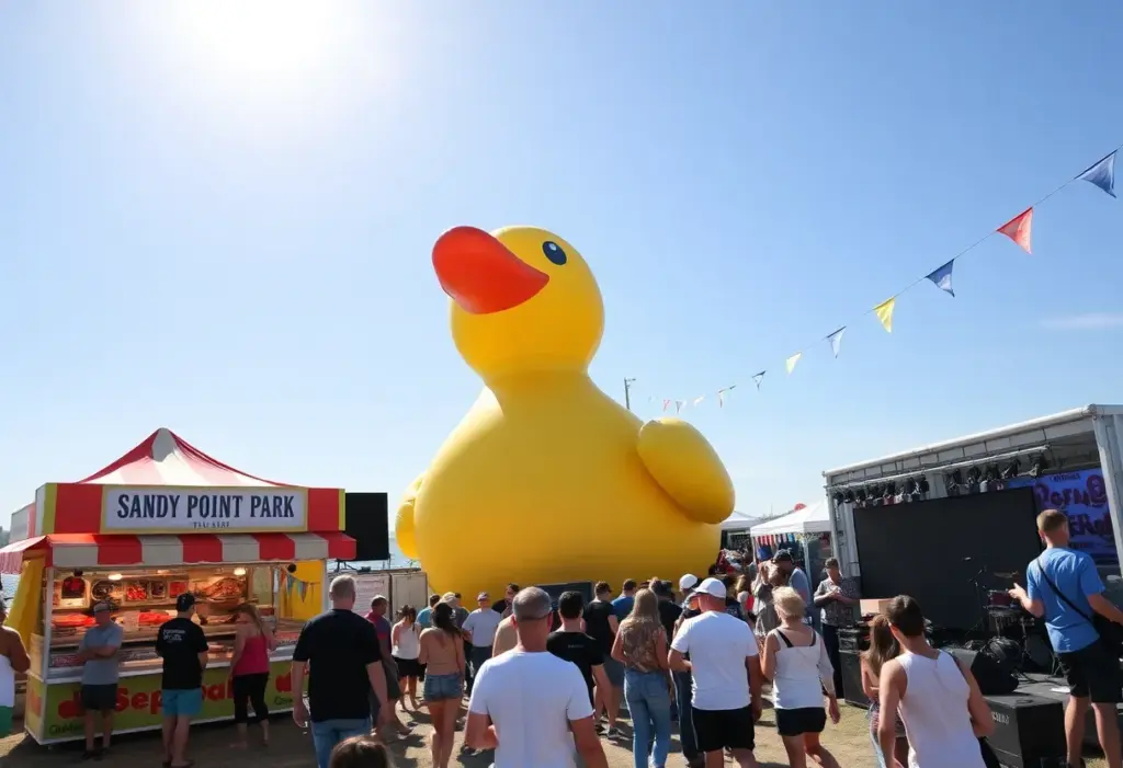 Giant inflatable duck at Maryland Seafood Festival with food stalls and attendees.