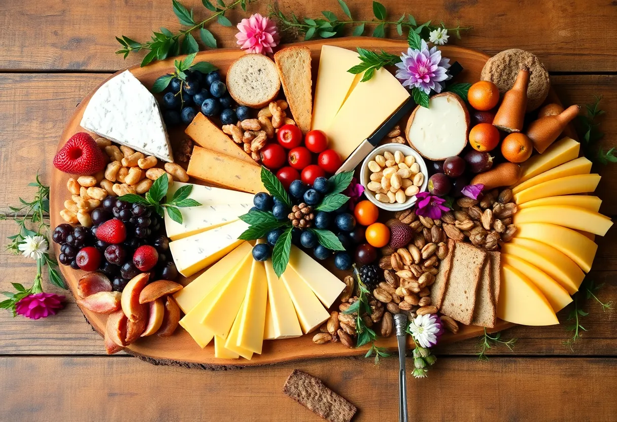 A colorful charcuterie board with cheeses, fruits, and nuts