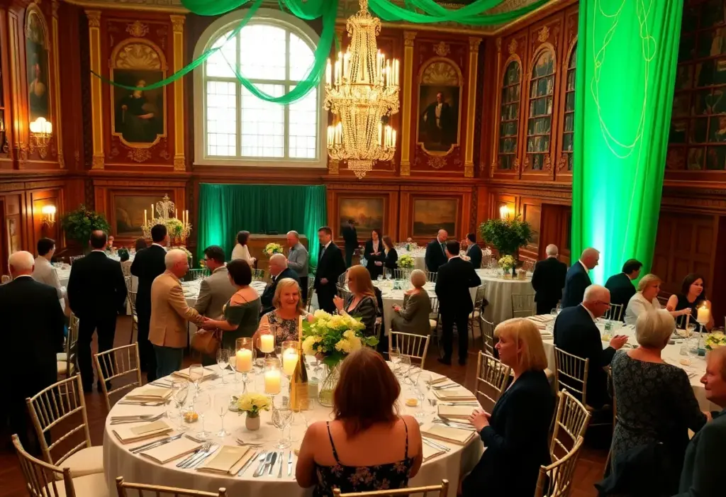 Guests celebrating at the Green Street Academy anniversary gala with green and gold decor.