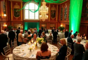 Guests celebrating at the Green Street Academy anniversary gala with green and gold decor.