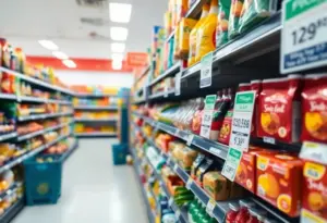 Grocery store aisle with fixed prices displayed on products