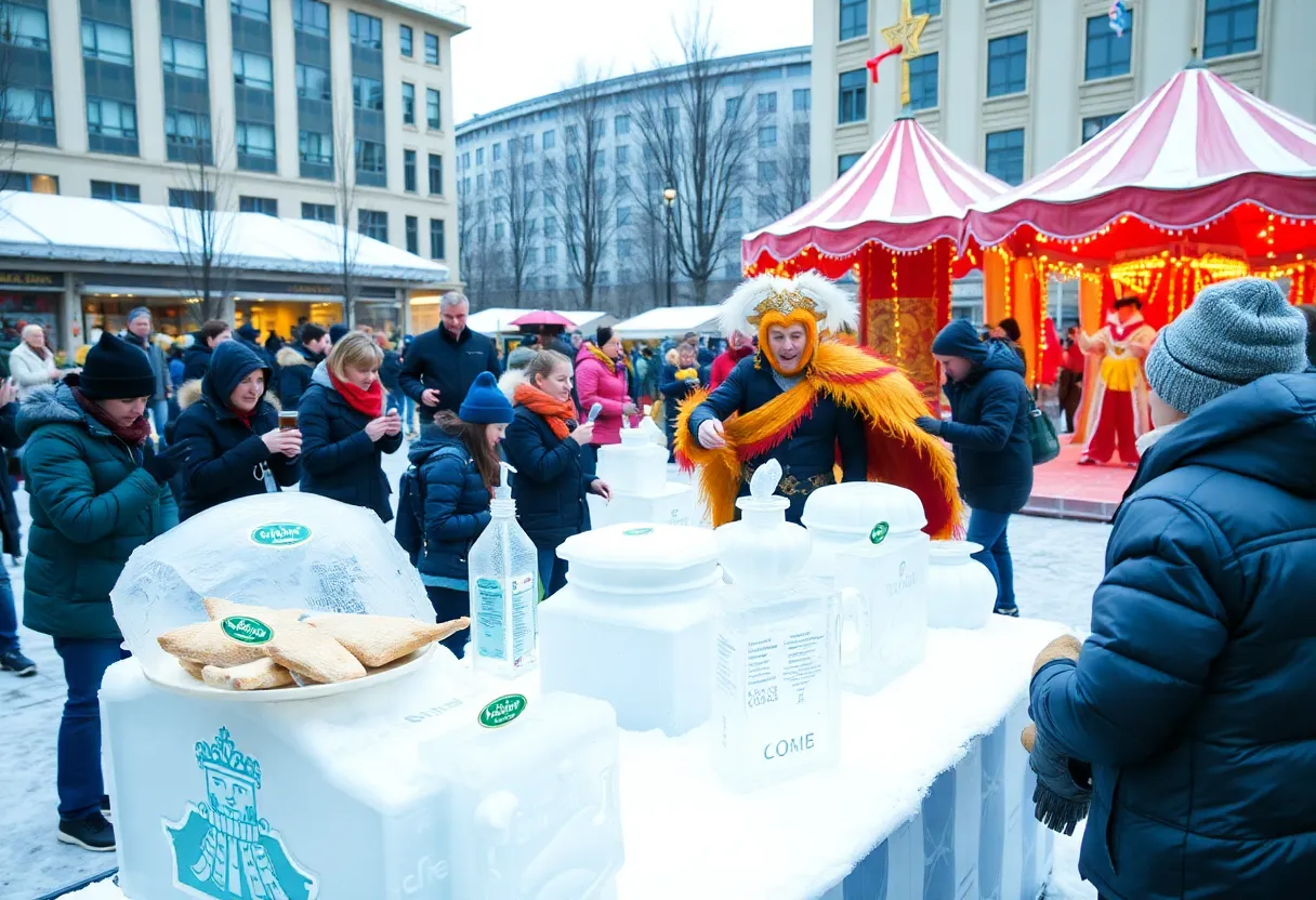 Crowd enjoying the Harbor Point Ice Festival with ice sculptures and performers.
