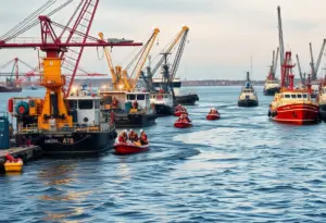 Emergency responders working at Harbor East during fuel spill clean-up