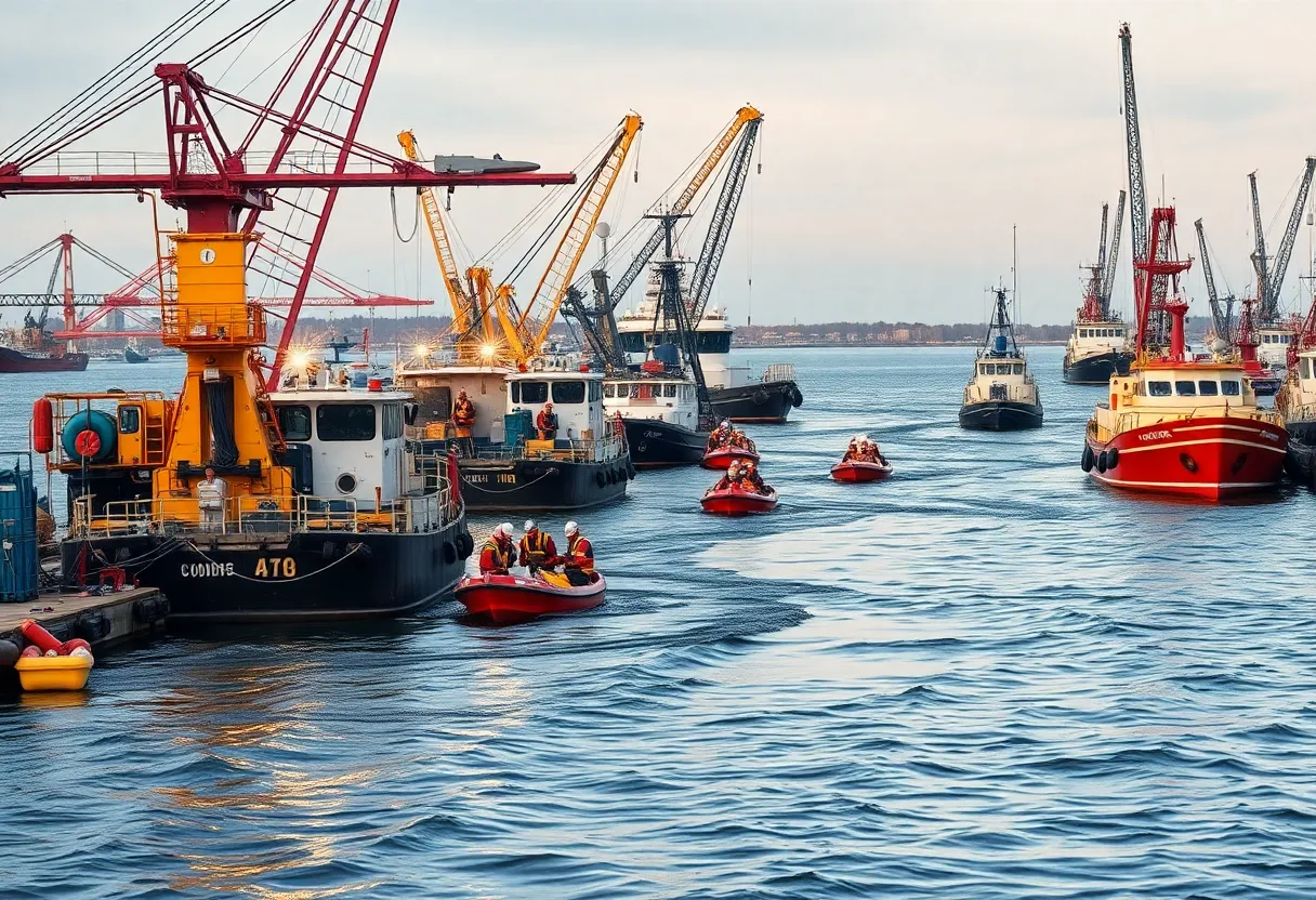 Emergency responders working at Harbor East during fuel spill clean-up