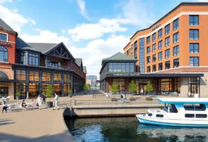 Architectural rendering of the redeveloped Harborplace pavilions in Baltimore.