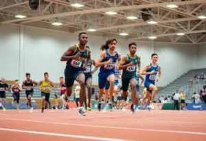 Athletes competing in indoor track and field championships at Hereford High School.