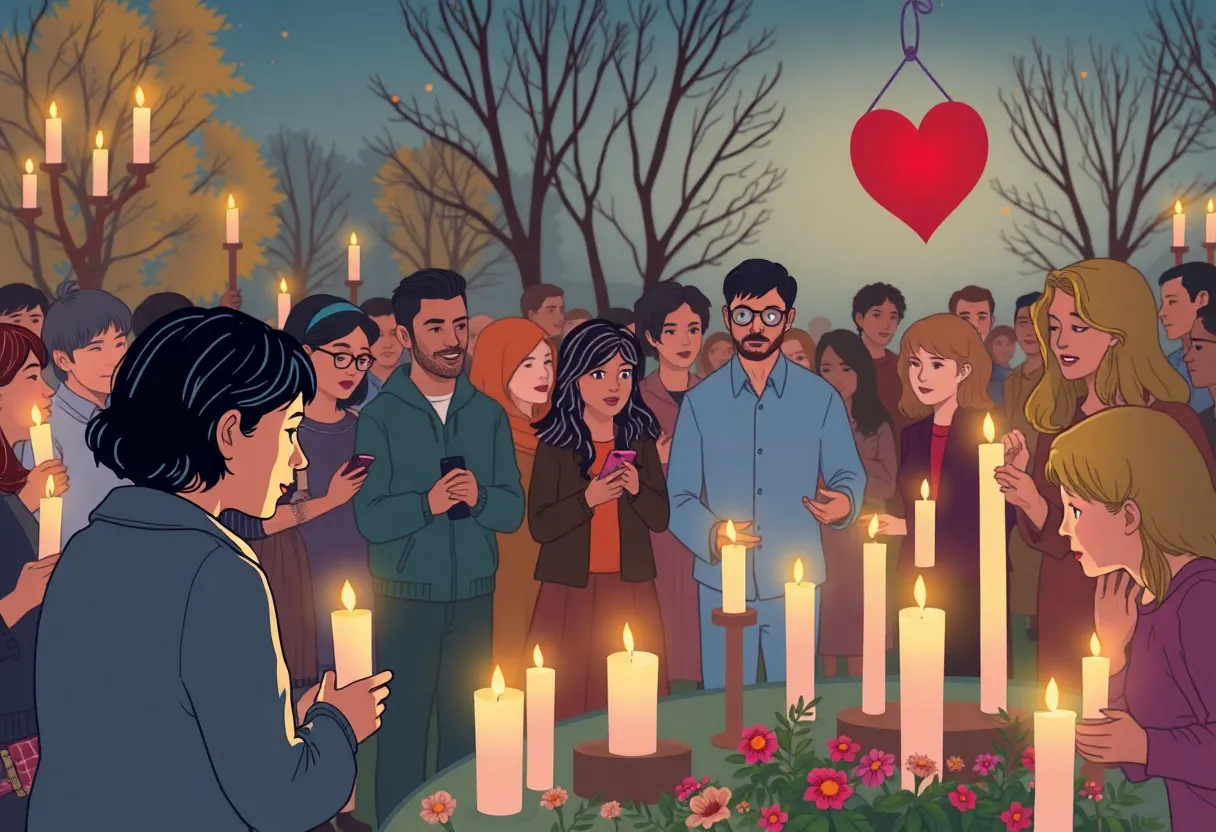 A diverse group of individuals participating in a candle lighting ceremony for Holocaust Remembrance Day.