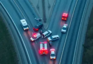 Aerial view of the I-95 crash scene with emergency responders.