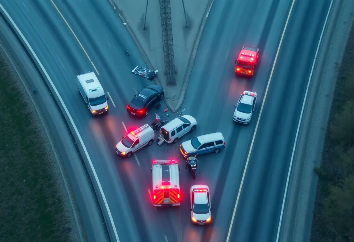 Aerial view of the I-95 crash scene with emergency responders.