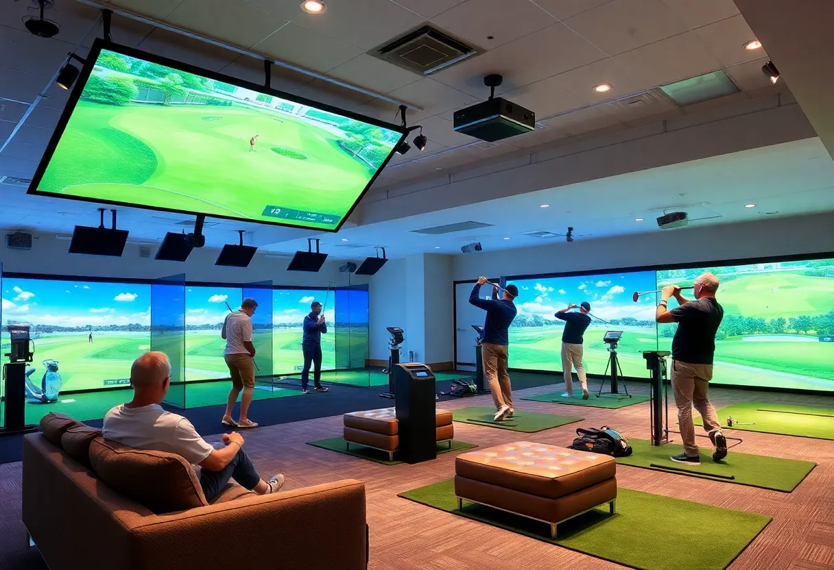 Golf enthusiasts using advanced simulators in a comfortable indoor setting