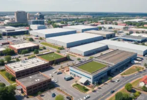 Aerial view of an industrial complex with multiple buildings in Baltimore.