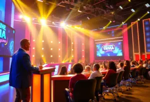 Contestants competing on a Jeopardy! game show set.