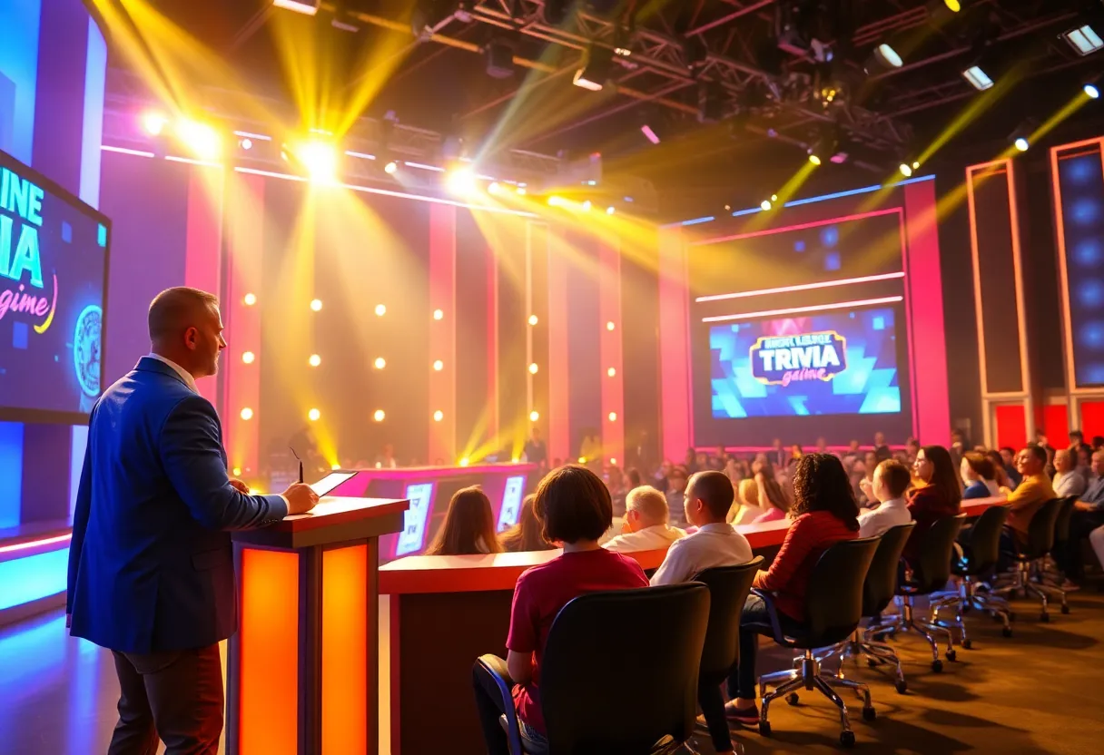 Contestants competing on a Jeopardy! game show set.