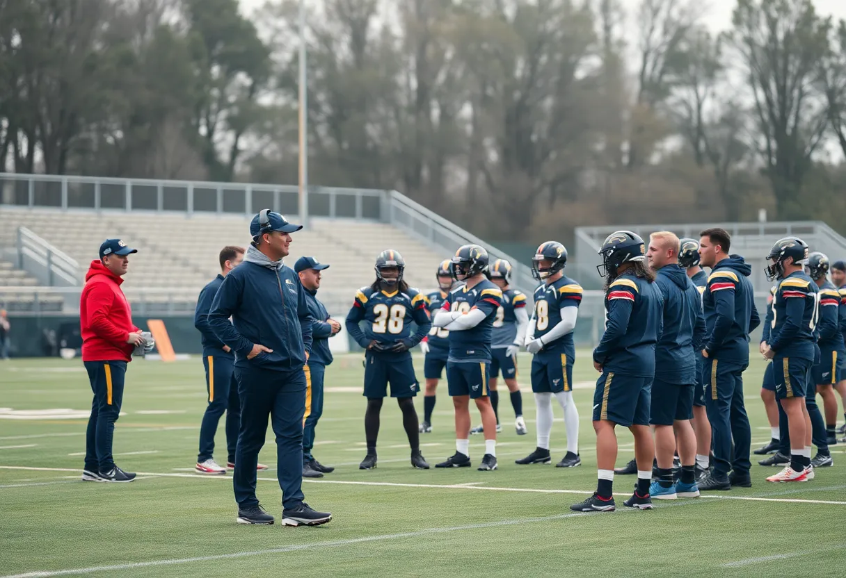 Football coaching staff discussing strategies on the field.