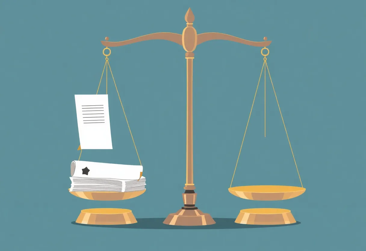 Illustration of judicial independence with balanced scales and legal documents