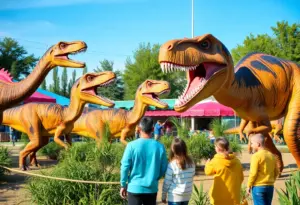 Families experiencing Jurassic Quest with life-sized dinosaurs