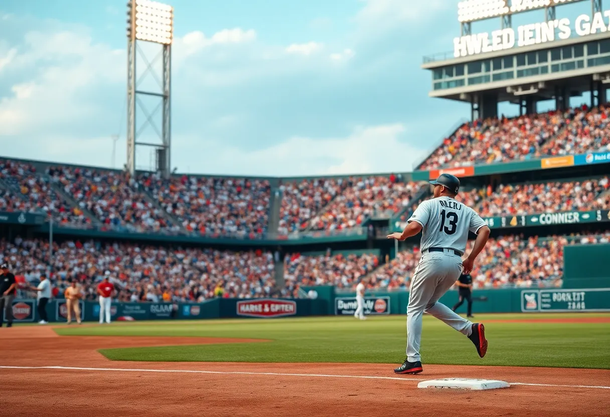 Baseball player at third base in a stadium