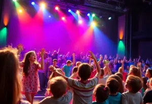 Children enjoying the KIDZ BOP LIVE Concert Movie in a vibrant theater atmosphere.