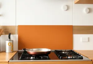 A well-equipped kitchen highlighting fire safety measures.