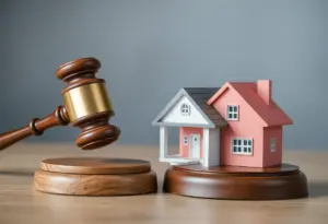 Legal gavel alongside a house model symbolizing real estate settlement