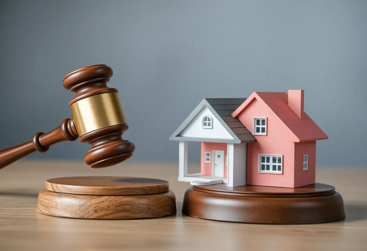 Legal gavel alongside a house model symbolizing real estate settlement