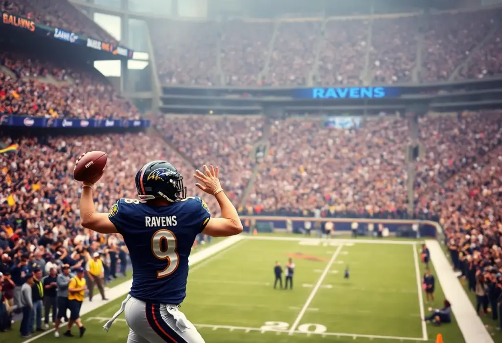 Baltimore Ravens player preparing to throw a football in a stadium.