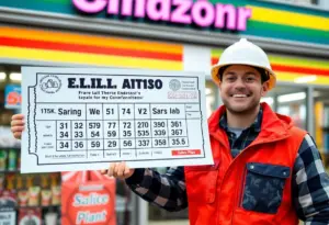 A construction worker celebrating his lottery win in front of a convenience store.