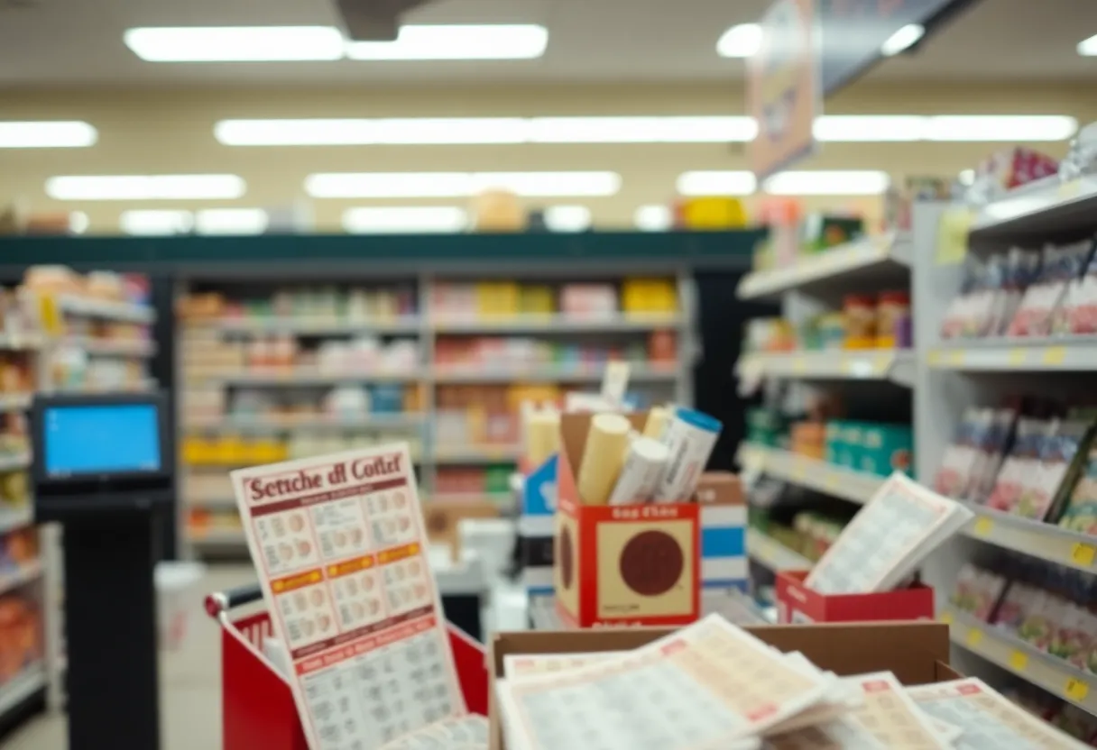 Grocery store checkout with lottery scratch-off tickets