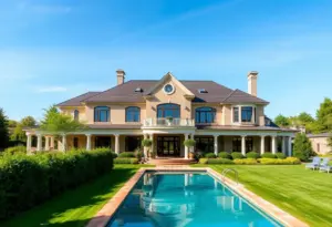 Exterior view of a luxury mansion in Owings Mills with pool and garden