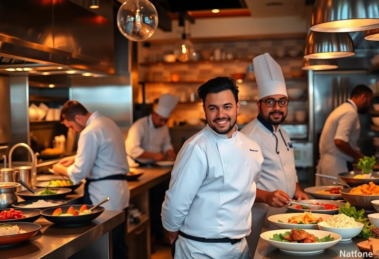 Chefs showcasing their culinary creations in a modern kitchen setting.