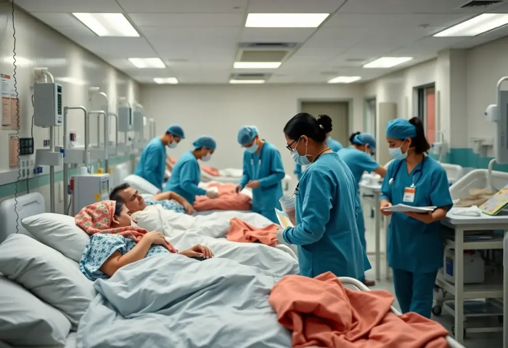 Healthcare workers in a hospital ward during a respiratory illness surge.