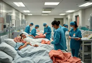 Healthcare workers in a hospital ward during a respiratory illness surge.