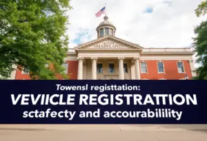 Maryland statehouse with a legislative banner on vehicle registration