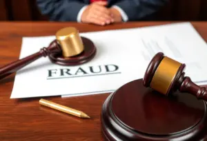 Courtroom with legal documents representing tax fraud charges