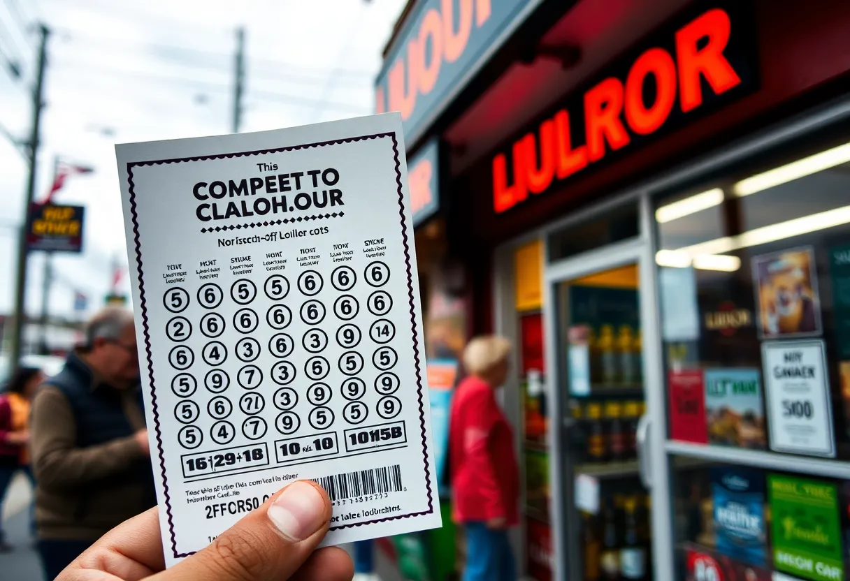 Scratch-off lottery ticket with a local liquor store background.