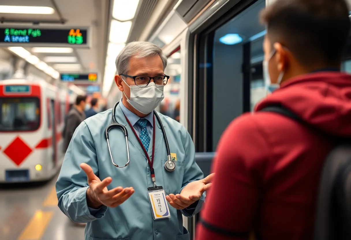 Health official giving advisories about measles outbreak in public transport