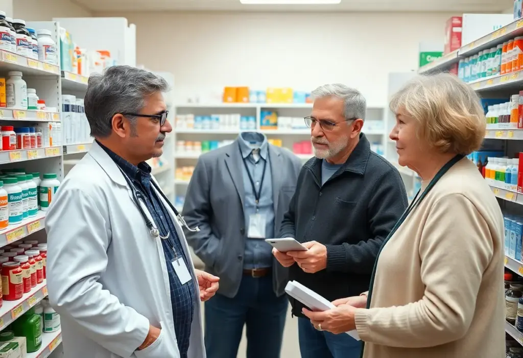 Seniors discussing healthcare medication costs with a pharmacist in a pharmacy setting.