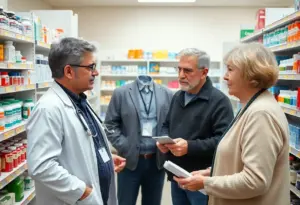 Seniors discussing healthcare medication costs with a pharmacist in a pharmacy setting.